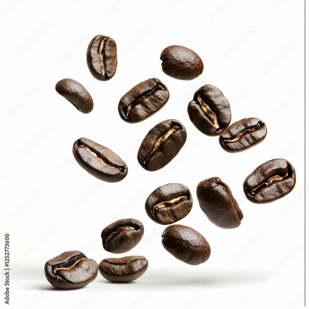 Roasted coffee beans falling, white background, food, beverage Roasted coffee beans falling, white background, food, beverage