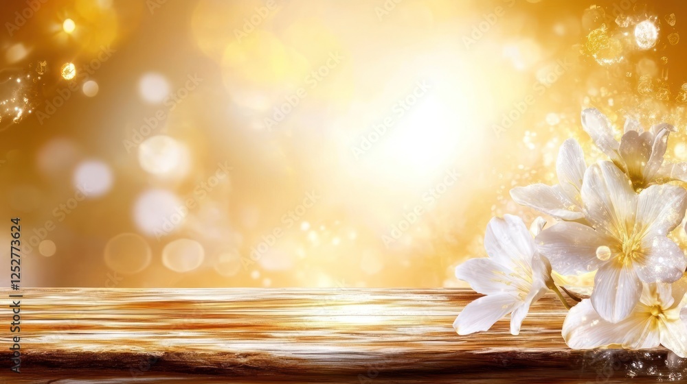 White Flowers on Golden Wooden Tabletop with Bokeh Background White Flowers on Golden Wooden Tabletop with Bokeh Background