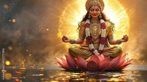 depicts the Hindu goddess Laxmi, who is a symbol of riches and success, sitting on a lotus with a heavenly feel.