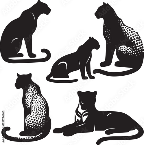 African leopard silhouette set, African leopard resting poses vector, African leopard wild animal clipart, endangered leopard species silhouette, 