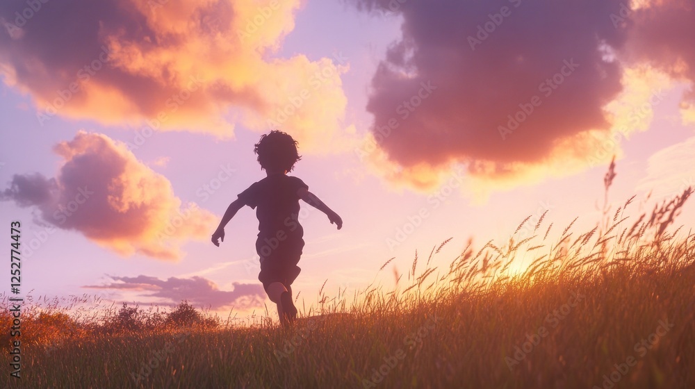 Child running joyfully through a sunlit field during sunset, with vibrant clouds overhead Child running joyfully through a sunlit field during sunset, with vibrant clouds overhead