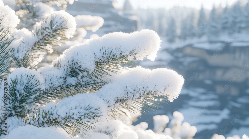 Snowy pine branch, winter forest background, nature postcard Snowy pine branch, winter forest background, nature postcard