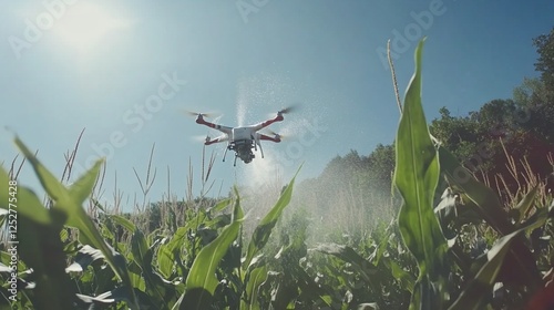 Drone spraying cornfield, sunny day, agricultural technology photo