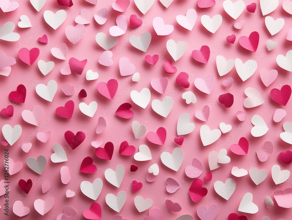 Pink Hearts Background with Confetti and Romantic Design for Valentine's Day Pink Hearts Background with Confetti and Romantic Design for Valentine's Day