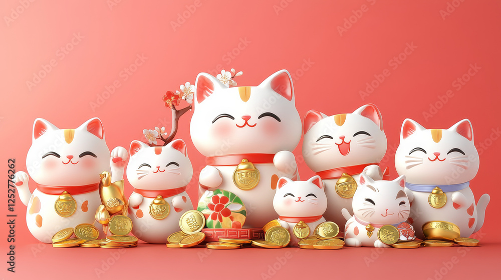 Maneki-neko lucky cats set isolated on transparent background. Vector realistic illustration of cute ceramic beckoning kitty toys with nice smile, golden coins, traditional asian mascot, wealth symbol Maneki-neko lucky cats set isolated on transparent background. Vector realistic illustration of cute ceramic beckoning kitty toys with nice smile, golden coins, traditional asian mascot, wealth symbol