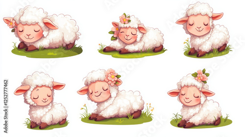 Cute sheep animal cartoon set. Little fluffy lamb mascot with funny face and flower on ear. Kawaii character enjoying life, sniff blossom, relaxing, dreaming and walking isolated on white background