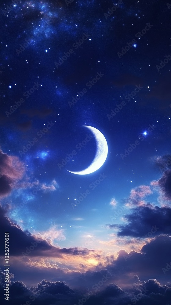 Fototapeta premium Crescent moon in a starry night sky, celestial scenery. Cosmic beauty concept