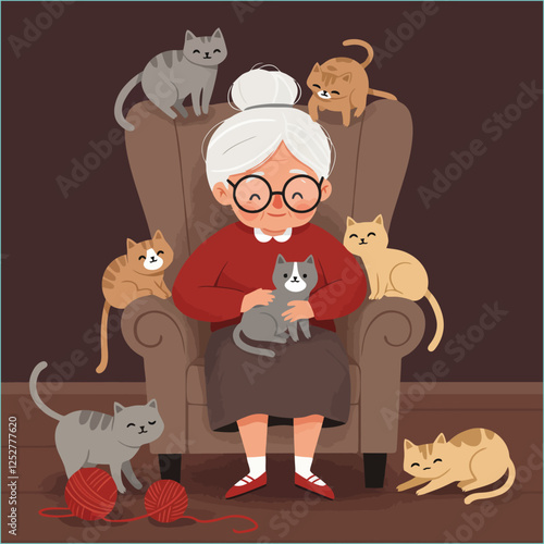 Grandmother with Cats Cozy Scene Illustration