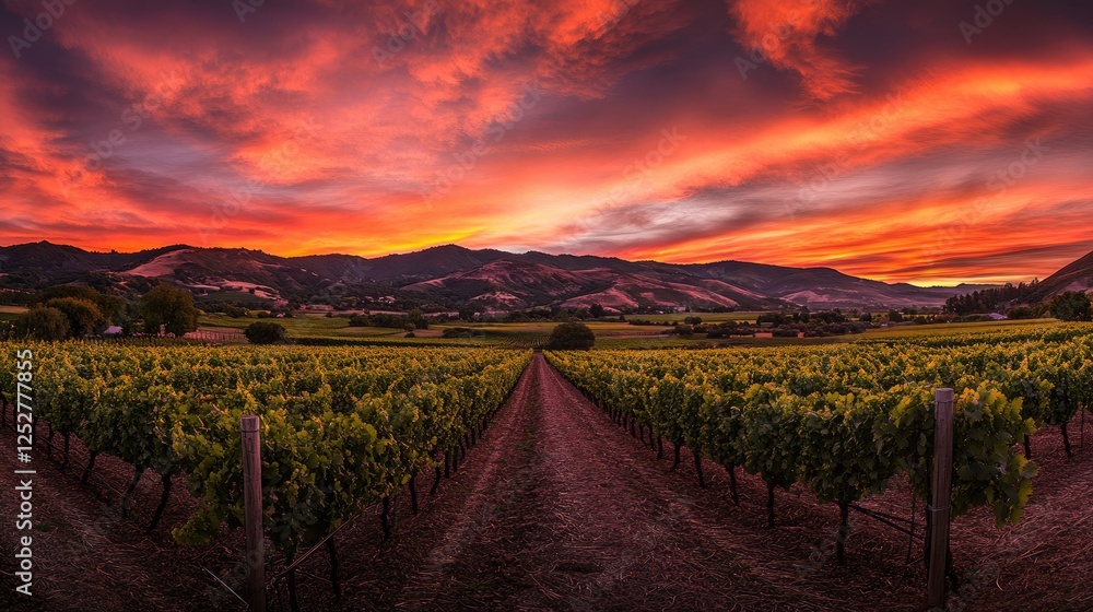 Fototapeta premium A beautifully lit vegetable field with rows of leafy greens and ripe vegetables under a glowing sunset sky.