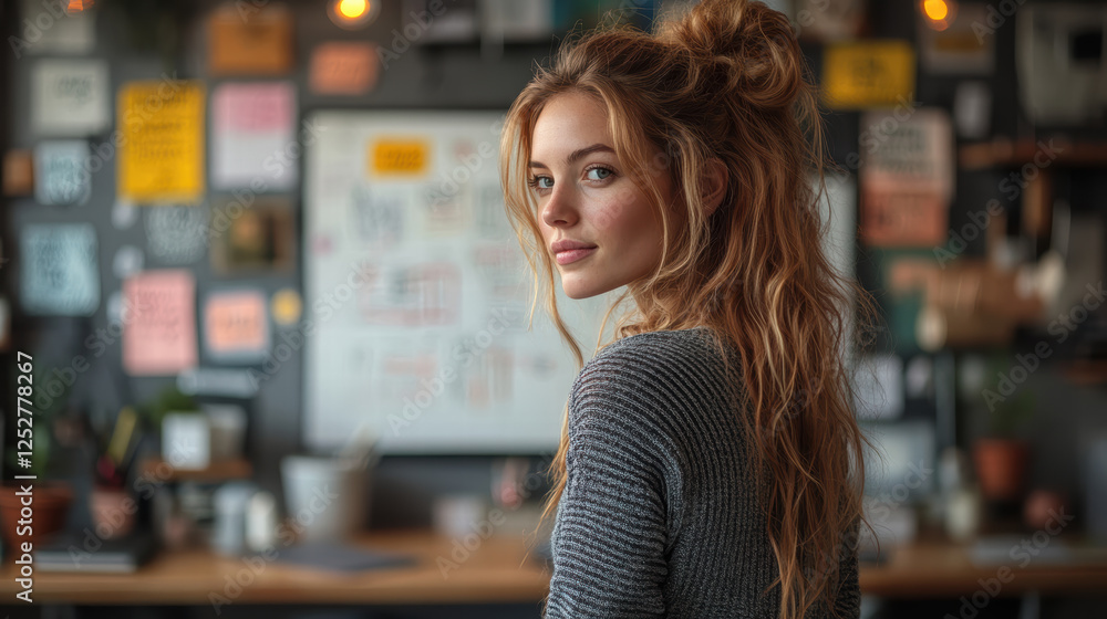 woman brainstorming ideas in creative workspace with whiteboard filled with notes and colorful papers. Her long hair and relaxed expression reflect thoughtful atmosphere woman brainstorming ideas in creative workspace with whiteboard filled with notes and colorful papers. Her long hair and relaxed expression reflect thoughtful atmosphere