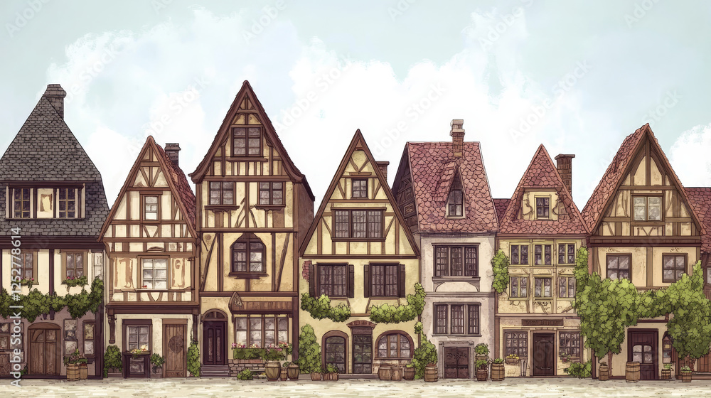 Naklejka premium Old medieval germany town building vector set. European german city street house cartoon clipart collection. Bavaria landmark isometric exterior cityscape. Isolated timber victorian mansion png
