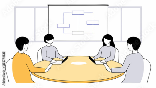 Four people are sitting around a round table with laptops in a meeting room. A diagram is displayed on a screen at the front of the room, indicating discussion or planning.AI