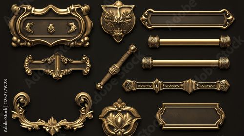 Medieval buttons, ui game menu elements, gold metal oblong banners and ornate rims. Empty royal gui bars for rpg or arcade, ranking borders, web design interface Cartoon 3d vector illustration, set