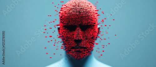 Abstract red digital face with binary particles on blue background symbolizing tech and artificial intelligence.