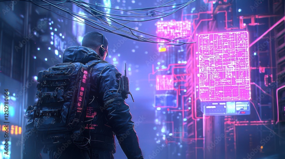 Obraz premium Cyberpunk Character Walking Neon City Night