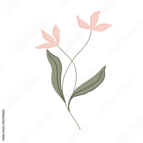 Hand drawn flat vector botanical illustration with pink flowers and green leaves. Minimalist floral art in pastel colors. for prints, branding, stationery, textile, home decor, elegant compositions