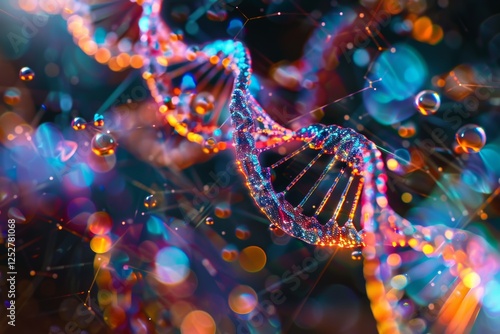 This Artwork Illustrates the Concept of Genetic Engineering Through an Intricate Design Featuring DNA Strands That Are Vividly Colored With Shimmering Effects