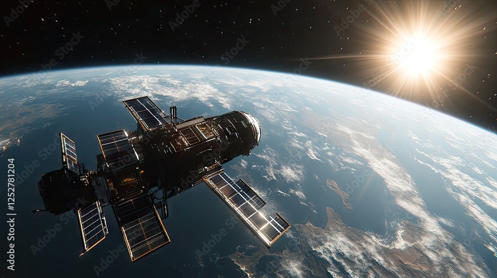 A detailed satellite floating above a blue planet, solar panels reflecting the suns intense light. A detailed satellite floating above a blue planet, solar panels reflecting the suns intense light.