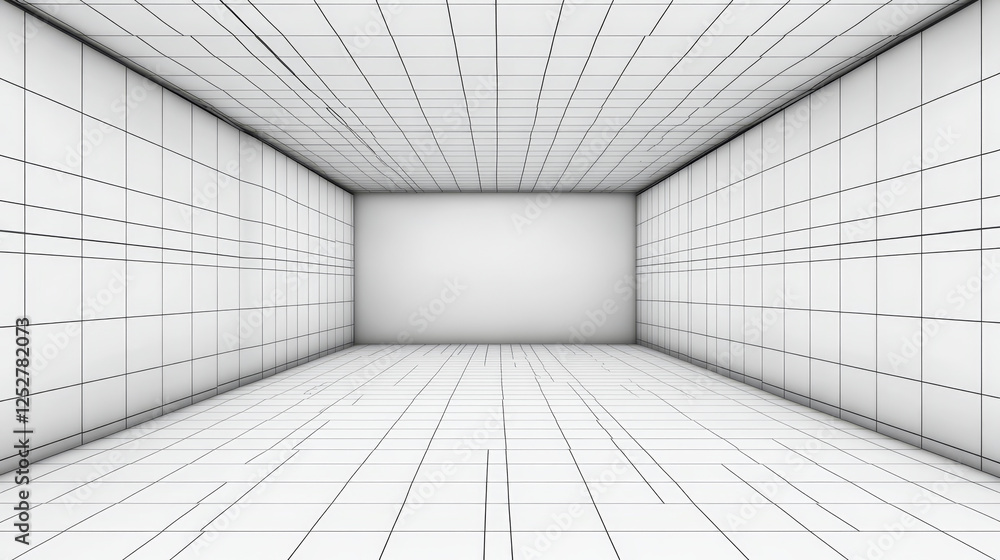 Obraz premium 3D perspective of wireframe room background. Realistic vector illustration of rectangle line grid box interior with white walls, ceiling, floor, corners. Abstract virtual space. Cyber dimension