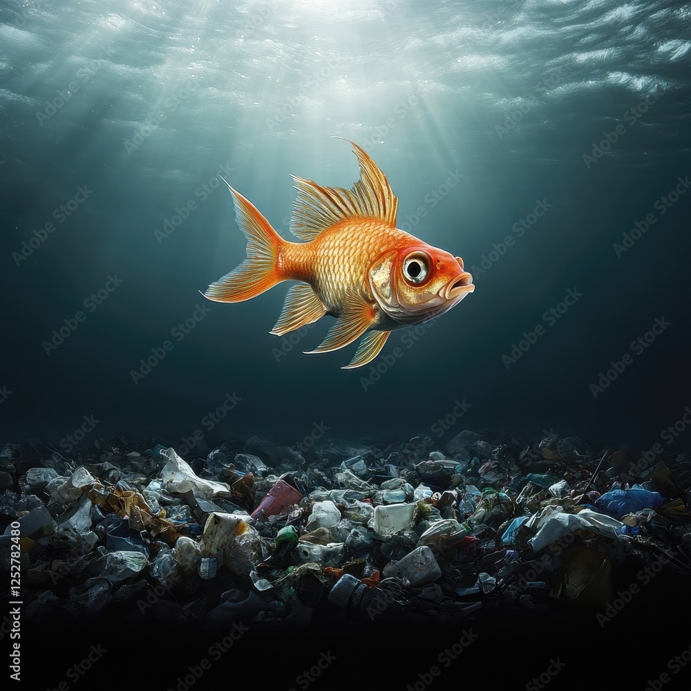 Naklejka premium goldfish swims above polluted ocean floor filled with rubbish, highlighting environmental concerns. Sunlight filters through water, creating dramatic scene