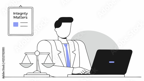 A person in a suit sits at a desk using a laptop, with scales of justice nearby. A wall poster reads "Integrity Matters" emphasizing a theme of ethics.AI