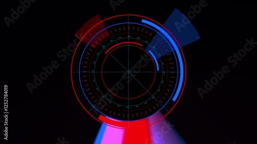 Blue and red HUD display with light rays. Loading, analysing data, rotating circles, HUD circle interfaces
