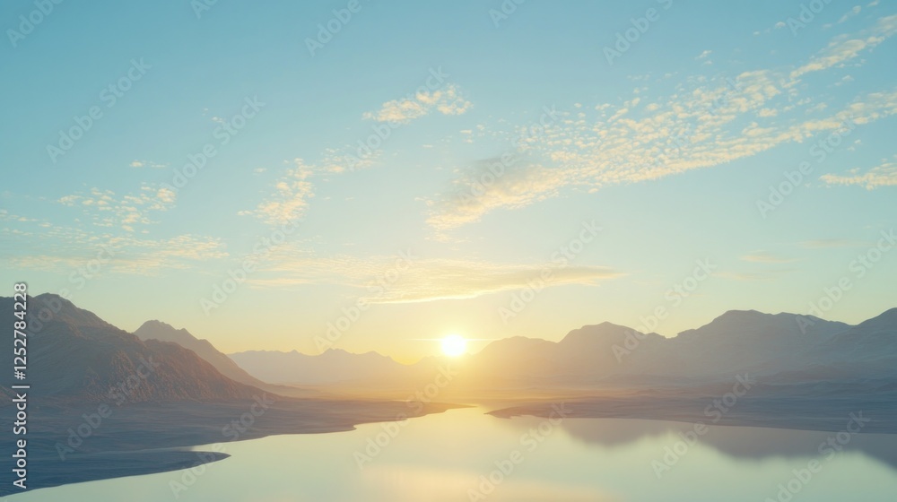 Serene sunset over tranquil lake surrounded by mountains, highlighting natural beauty and calmness Serene sunset over tranquil lake surrounded by mountains, highlighting natural beauty and calmness