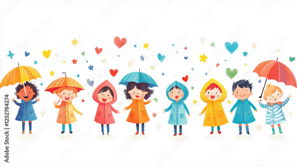 Fototapeta premium Brightly colored illustration of kids in raincoats, perfect for a children's book or educational project.