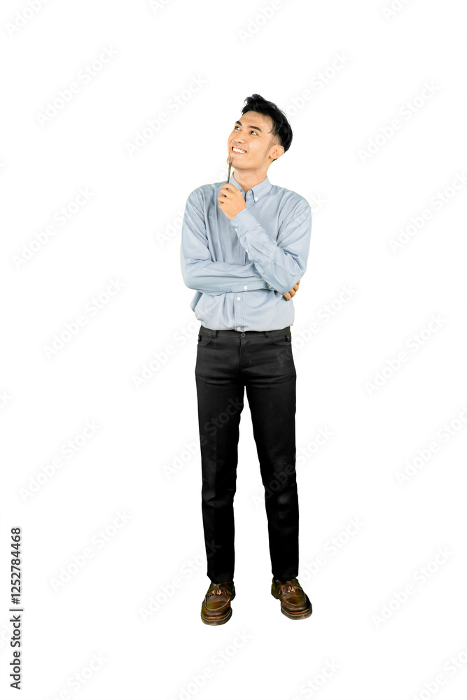 Thoughtful Young Man Holding Pen and Looking Up in Inspiration Thoughtful Young Man Holding Pen and Looking Up in Inspiration