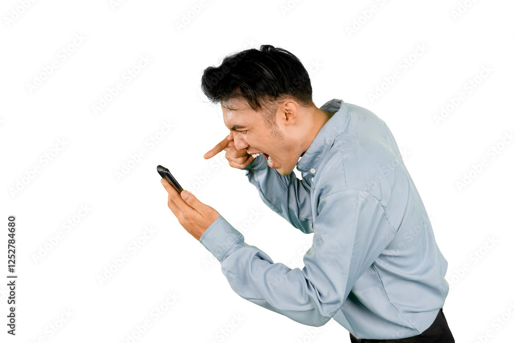 Angry Young Man Yelling at Smartphone in Frustration Isolated on White Background Angry Young Man Yelling at Smartphone in Frustration Isolated on White Background