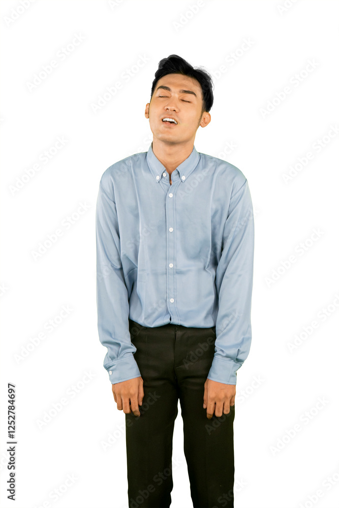 Tired Young Man in Formal Attire Expressing Exhaustion on White Background Tired Young Man in Formal Attire Expressing Exhaustion on White Background