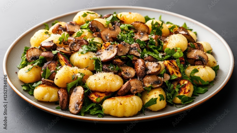 Plate of pan-fried gnocchi with wild mushrooms and greens served on a wooden table Plate of pan-fried gnocchi with wild mushrooms and greens served on a wooden table
