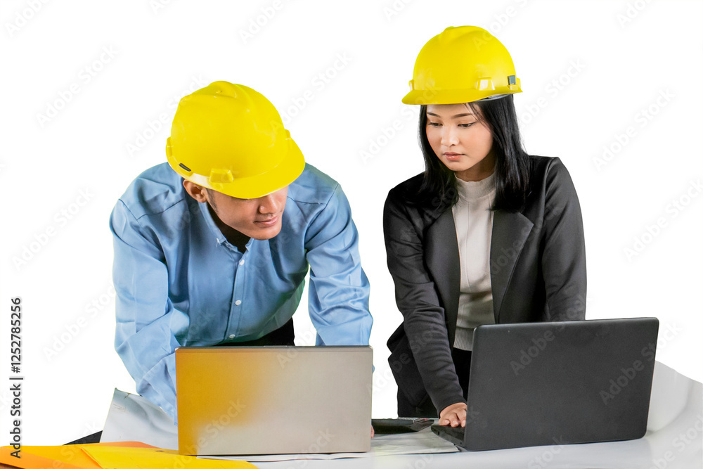 Engineers Collaborating on a Project with Laptops and Safety Helmets Engineers Collaborating on a Project with Laptops and Safety Helmets