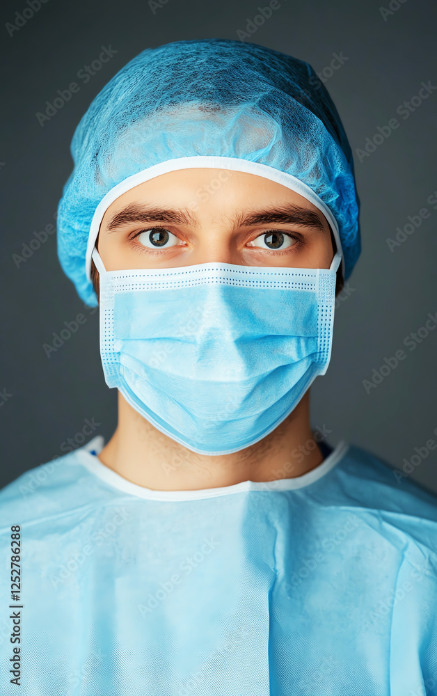 Healthcare professional in protective attire, wearing mask and cap, ready for medical duties. Healthcare professional in protective attire, wearing mask and cap, ready for medical duties.