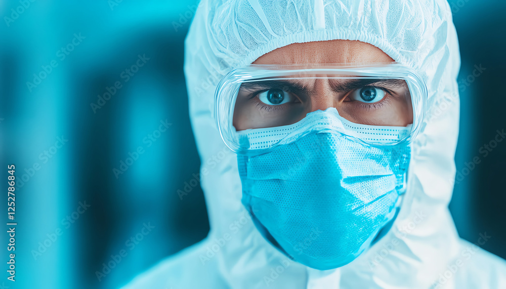 Scientist in protective gear focuses intensely, symbolizing precision and safety in laboratory work. Scientist in protective gear focuses intensely, symbolizing precision and safety in laboratory work.