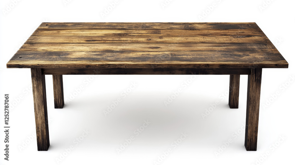 Wooden table top with aged surface, realistic vector illustration. Vintage dining table made of darkened wood, realistic plank texture. Empty desk top isolated on white wall. Wooden table top with aged surface, realistic vector illustration. Vintage dining table made of darkened wood, realistic plank texture. Empty desk top isolated on white wall.