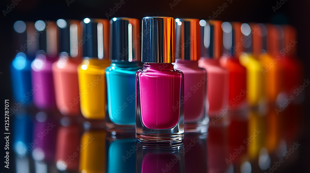 Vibrant nail polish bottles in row showcasing various colors, including pink, blue, and orange, reflecting light beautifully. Perfect for beauty and fashion enthusiasts Vibrant nail polish bottles in row showcasing various colors, including pink, blue, and orange, reflecting light beautifully. Perfect for beauty and fashion enthusiasts