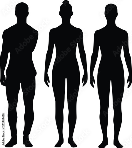 Silhouette of male and female figures in standing pose, full body, front view. A minimalist design with anatomical proportions, clean lines, and black-and-white vector graphics style.