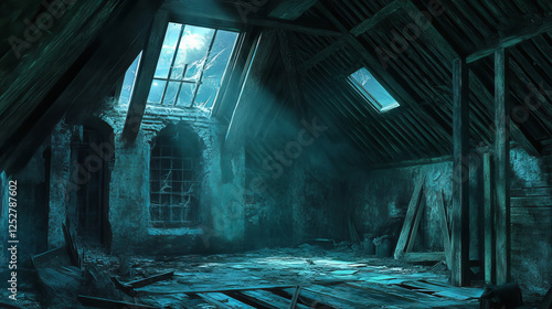 Old attic in abandoned house at night. Vector cartoon interior of garret room with broken roof, wall and beams, clutter and spiderweb. Empty messy mansard with hatch in floor and moonlight from window photo