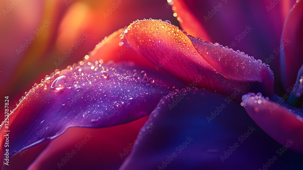 Close-Up of Colorful Flower Petals with Water Droplets and Texture Close-Up of Colorful Flower Petals with Water Droplets and Texture