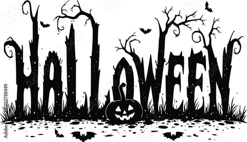 Halloween silhouette text with spooky lettering, eerie pumpkin shapes, bats, and ghostly accents