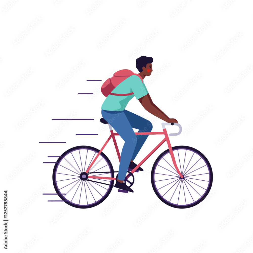 Fototapeta premium Man Riding Bicycle Fast with Backpack Illustration