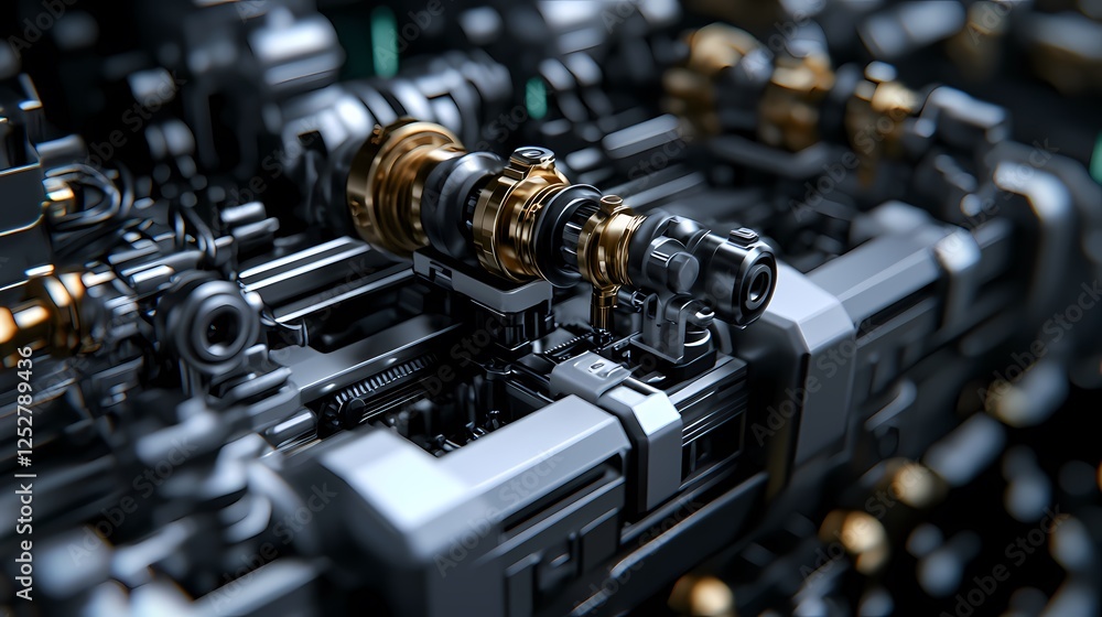 Naklejka premium A close-up of intricate metallic machinery, showcasing a blend of black components and golden accents, highlighting advanced engineering and design.
