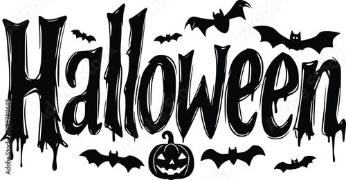 Halloween silhouette text with spooky lettering, eerie pumpkin shapes, bats, and ghostly accents