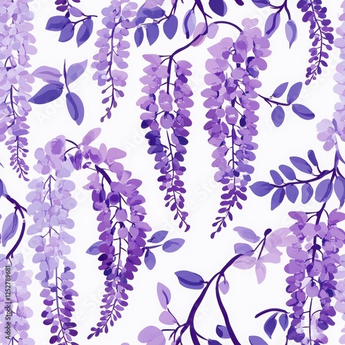 Purple Wisteria Floral Pattern: A captivating seamless pattern featuring delicate purple wisteria flowers and leaves, creating a romantic and elegant design. Perfect for various applications. 