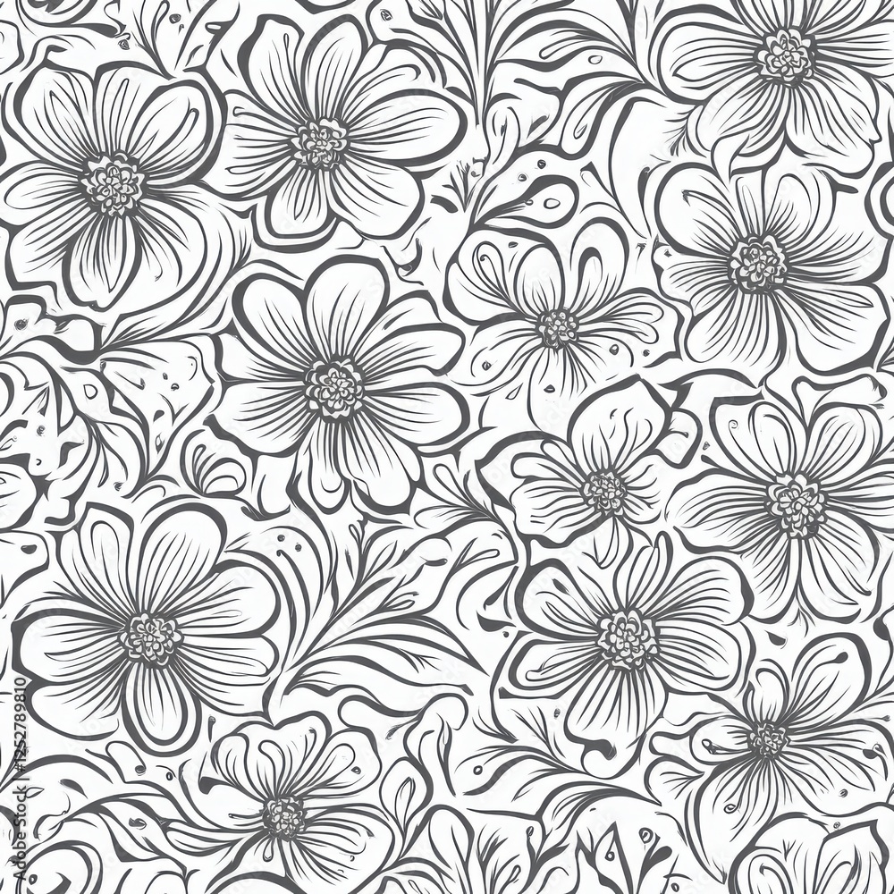 Floral Flourish: A delicate and intricate seamless pattern of hand-drawn stylized flowers and leaves, offering a graceful touch of elegance to any design project. Floral Flourish: A delicate and intricate seamless pattern of hand-drawn stylized flowers and leaves, offering a graceful touch of elegance to any design project.