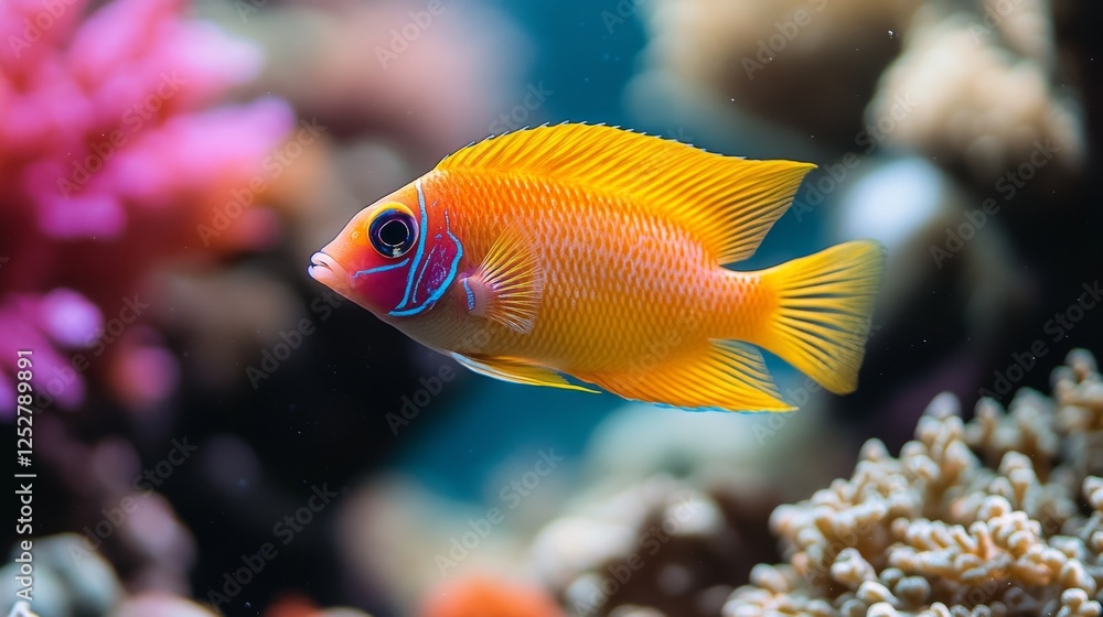 Vibrant Orange Anthias Darting Amidst a Coral Reef's Kaleidoscope Hues Vibrant Orange Anthias Darting Amidst a Coral Reef's Kaleidoscope Hues