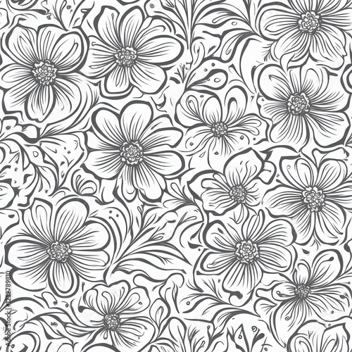 Wallpaper Mural Floral Flourish: A delicate and intricate seamless pattern of hand-drawn stylized flowers and leaves, offering a graceful touch of elegance to any design project. Torontodigital.ca