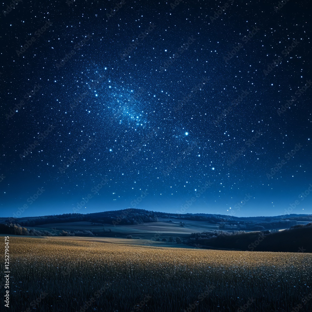 Naklejka premium A clear, starry night sky above a peaceful countryside landscape 