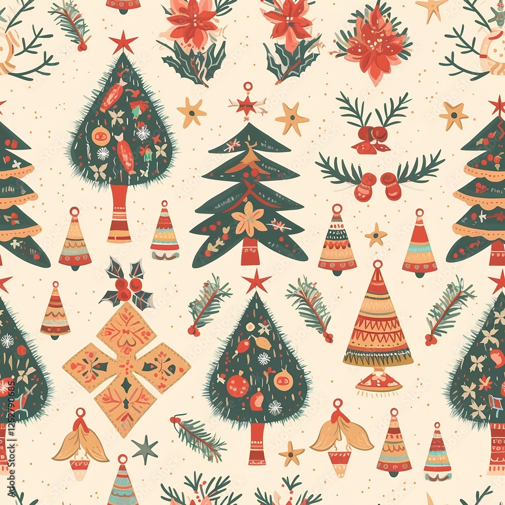 Seamless pattern of delicate Christmas-themed folk art on a light background Seamless pattern of delicate Christmas-themed folk art on a light background
